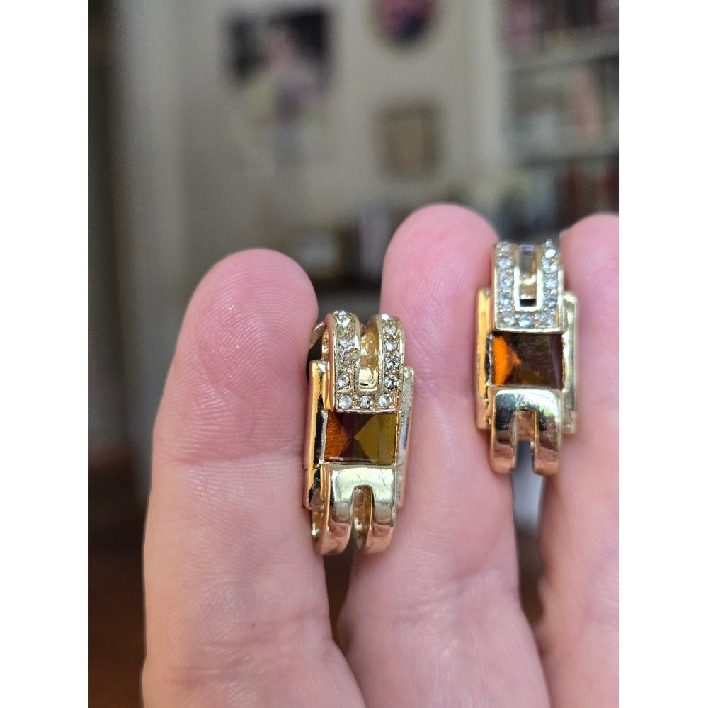 Amber Color Gemstones and Rhinestone Earrings Pierced Vintage